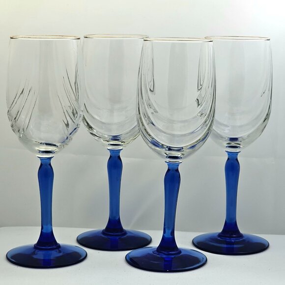 Libbey Crystal Blue Cobalt Wine Water Goblets 8.2" swag drape bowl gold rim (4) - Picture 2 of 8